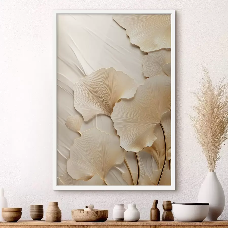 murales de pared Hojas abstractas de ginkgo sobre un fondo ligero y texturizado, composición elegante y abstracta. f47867