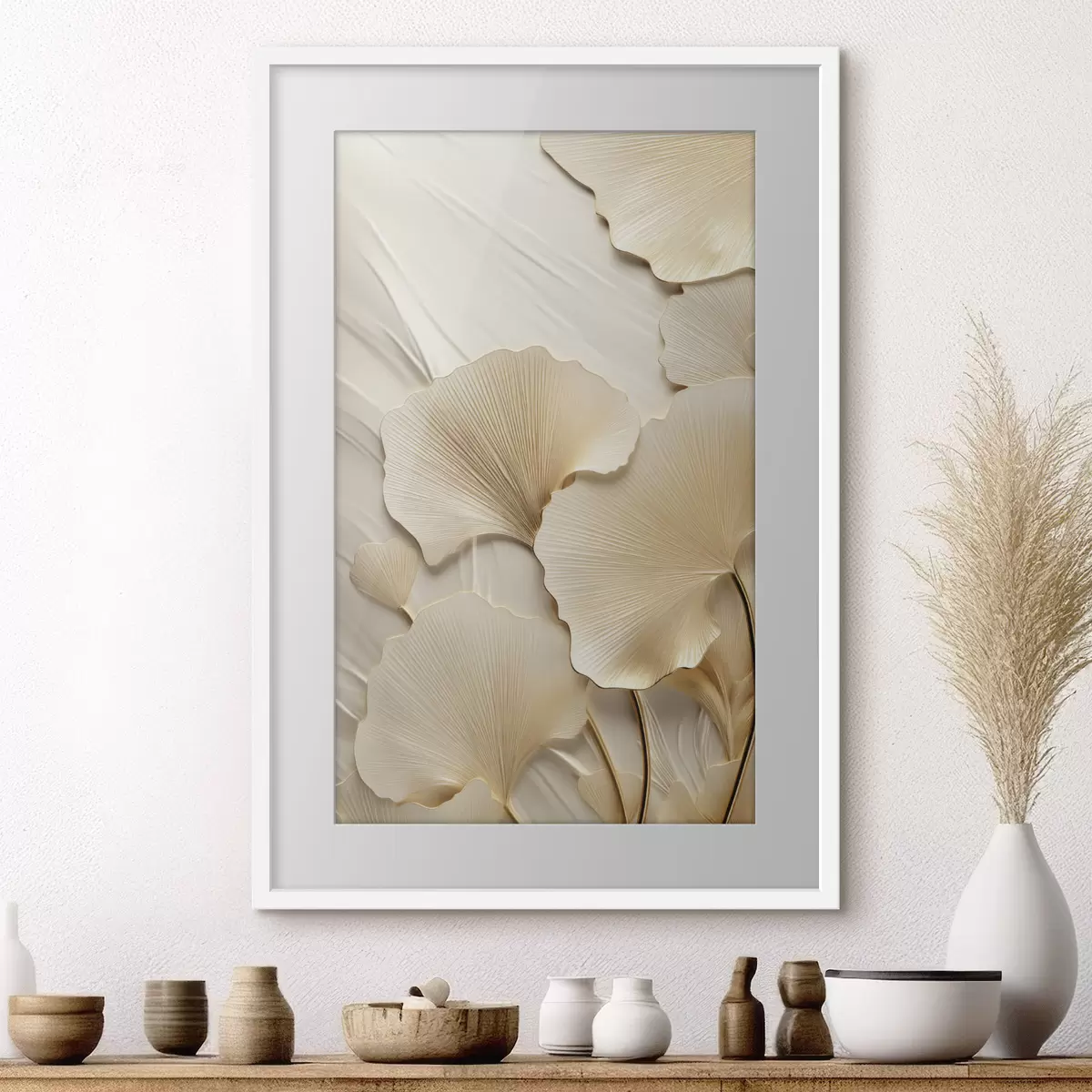 Poster Hojas abstractas de ginkgo sobre un fondo ligero y texturizado, composición elegante y abstracta. f47867