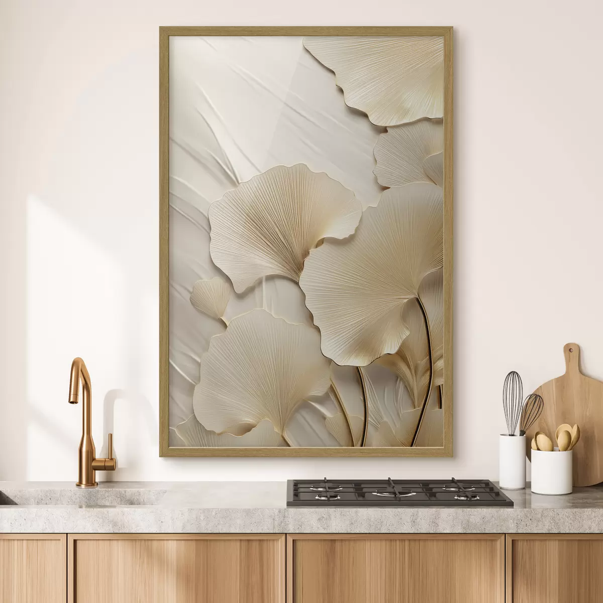 Poster Hojas abstractas de ginkgo sobre un fondo ligero y texturizado, composición elegante y abstracta. f47867