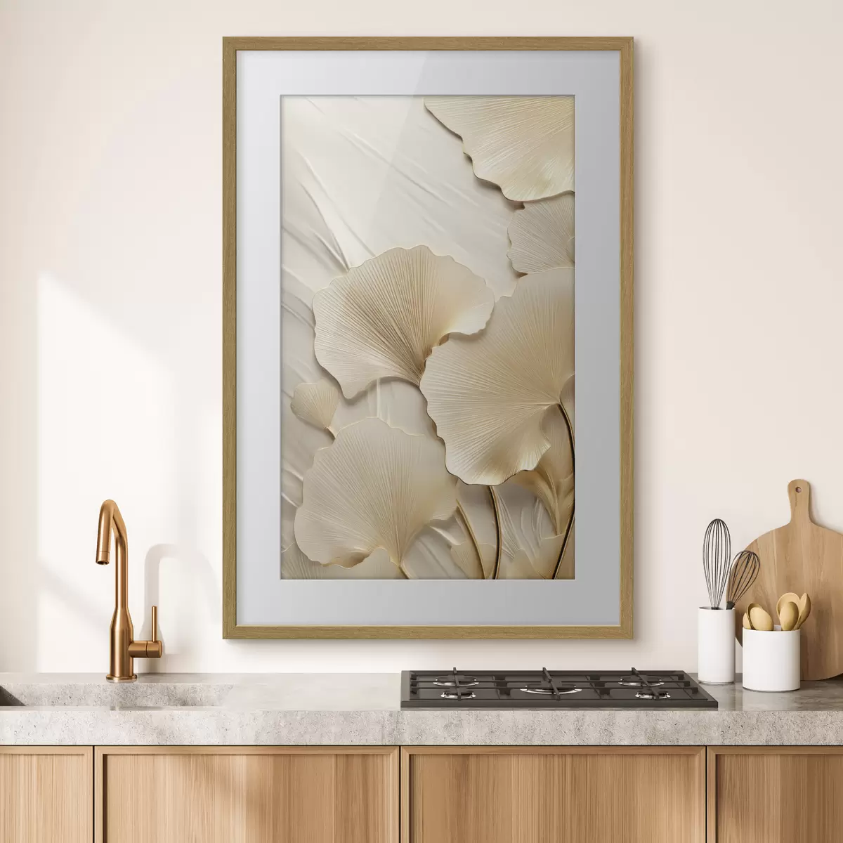 Poster Hojas abstractas de ginkgo sobre un fondo ligero y texturizado, composición elegante y abstracta. f47867