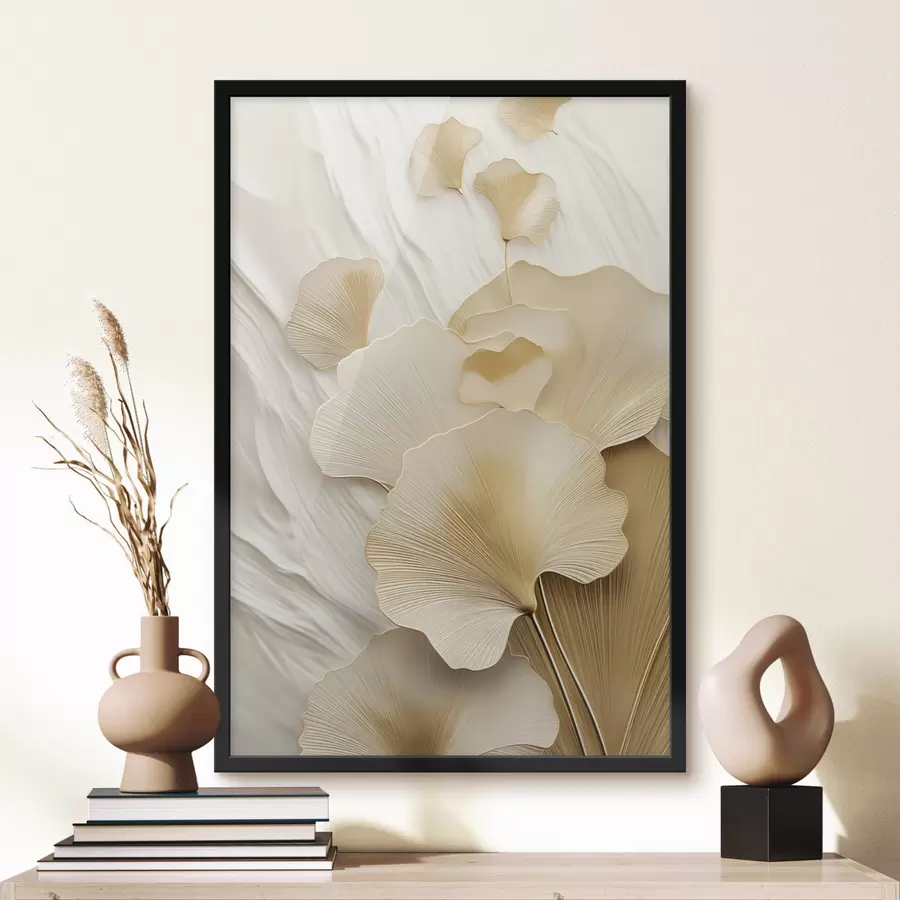 murales de pared Hojas abstractas de ginkgo sobre un fondo ligero y texturizado, composición elegante y abstracta. f47868