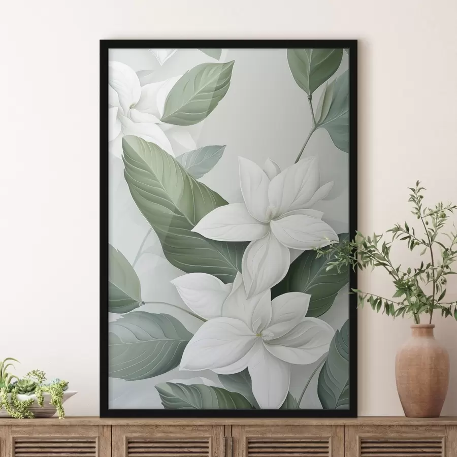 murales de pared Flores blancas con hojas verdes, fondo pastel f47869