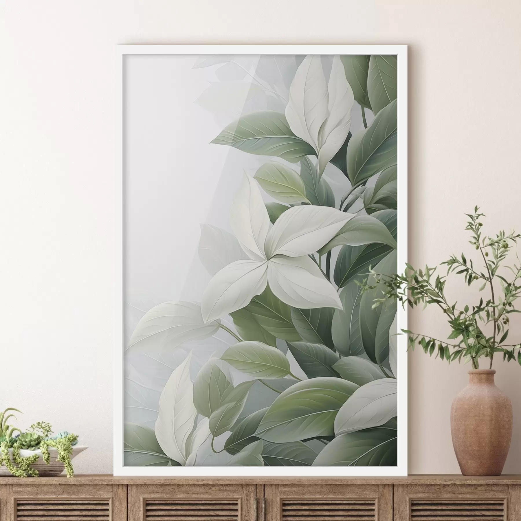 murales de pared Flores blancas con hojas verdes, fondo pastel f47870