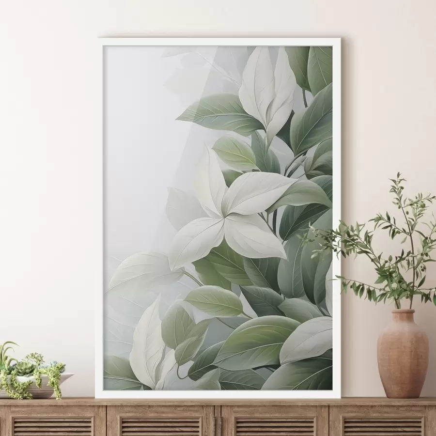 murales de pared Flores blancas con hojas verdes, fondo pastel f47870