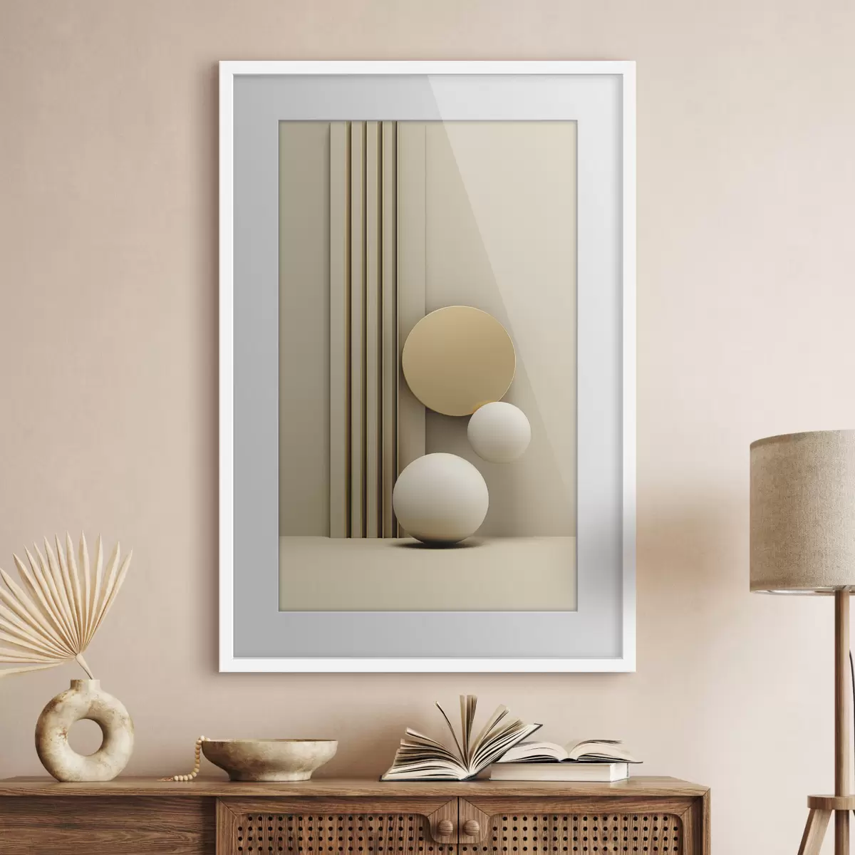 Poster Arte abstracto moderno en tonos beige con líneas verticales y esferas. f47871