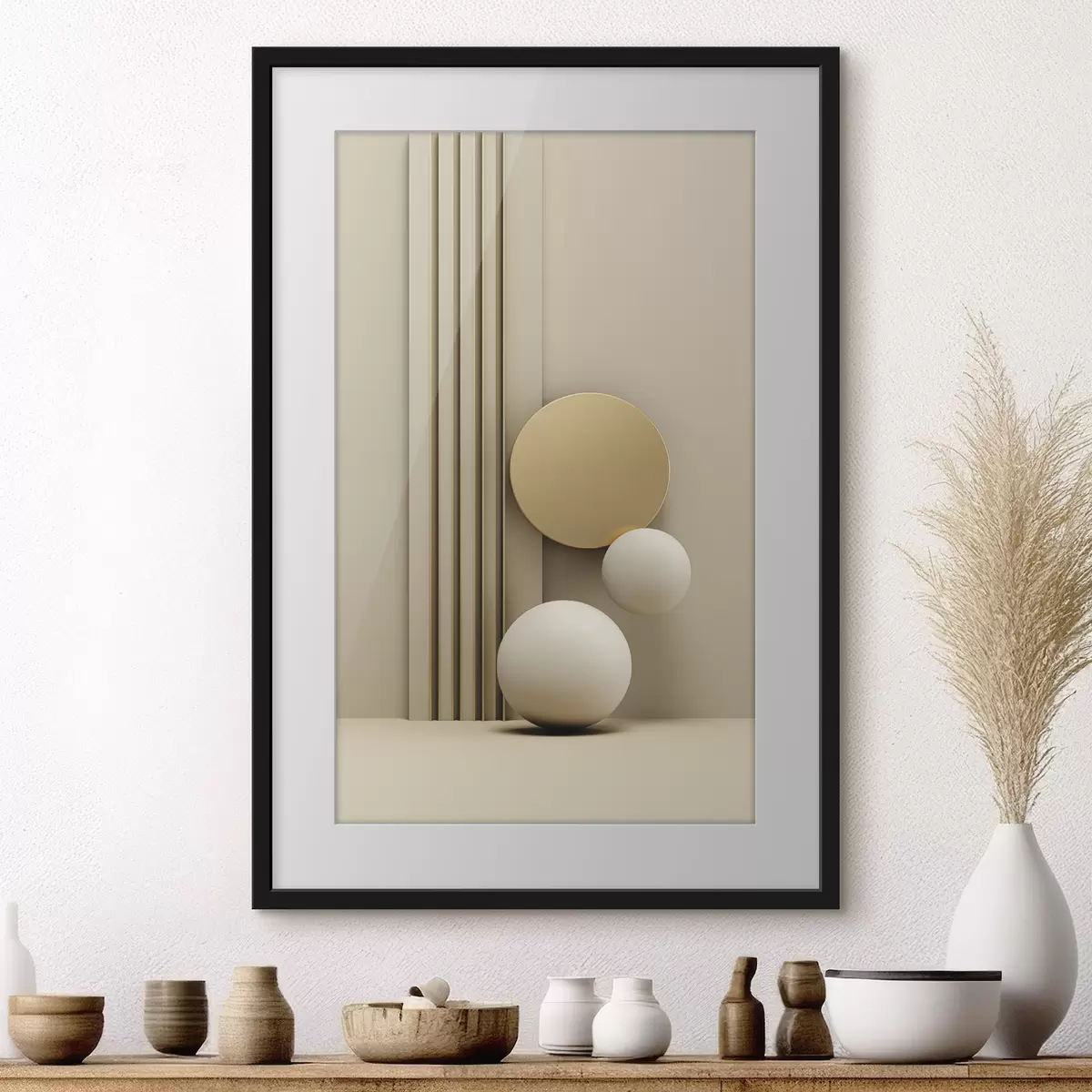 Poster Arte abstracto moderno en tonos beige con líneas verticales y esferas. f47871