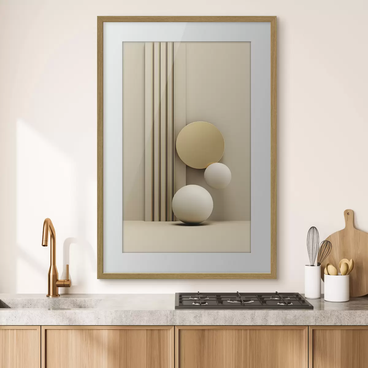 Poster Arte abstracto moderno en tonos beige con líneas verticales y esferas. f47871