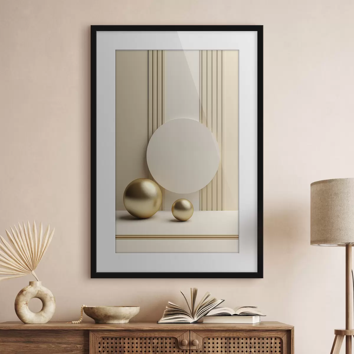 Poster Arte abstracto moderno en tonos beige con líneas verticales y esferas. f47872