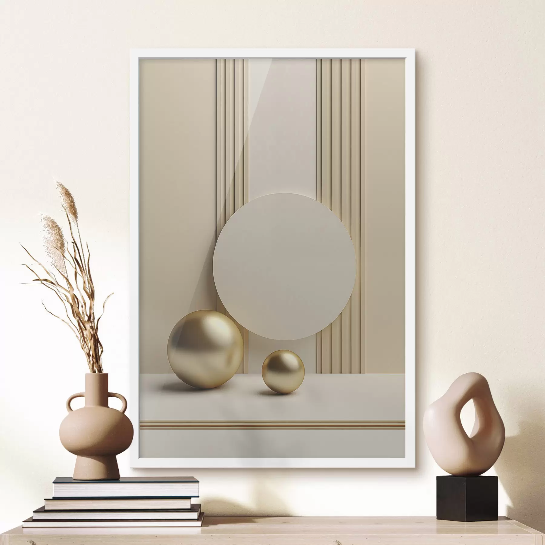 murales de pared Arte abstracto moderno en tonos beige con líneas verticales y esferas. f47872