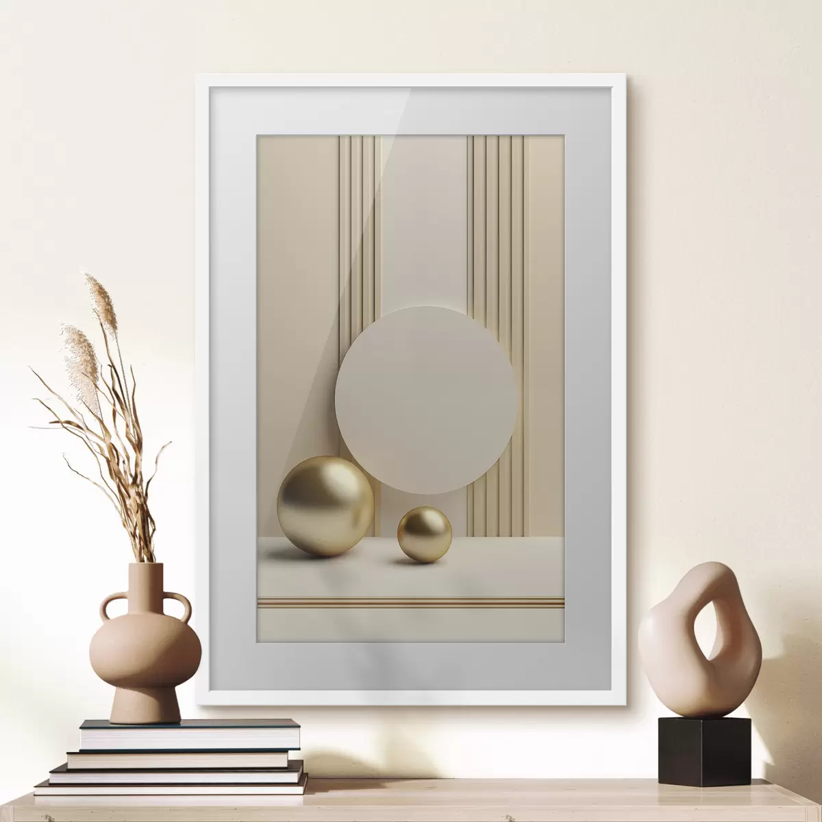 Poster Arte abstracto moderno en tonos beige con líneas verticales y esferas. f47872