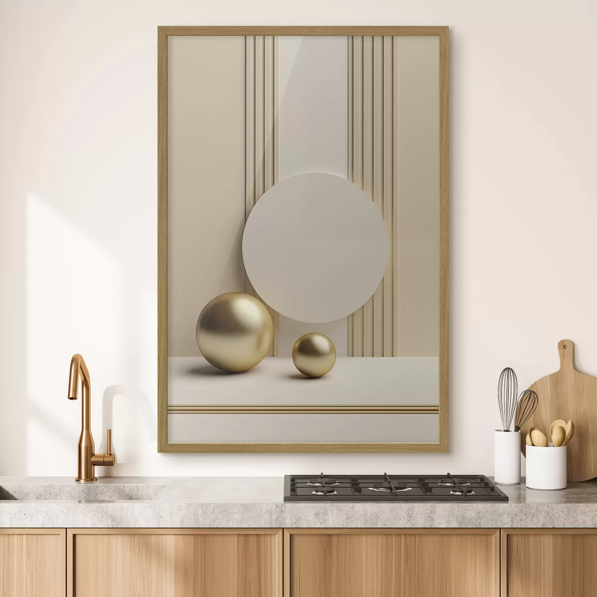 Poster Arte abstracto moderno en tonos beige con líneas verticales y esferas. f47872