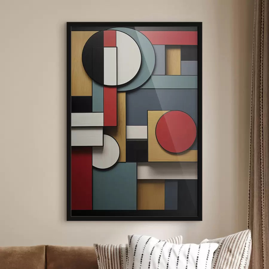 murales de pared Composición geométrica abstracta con imitación de textura de madera, rectángulos y círculos rojos, negros, blancos y verde azulado. f47875