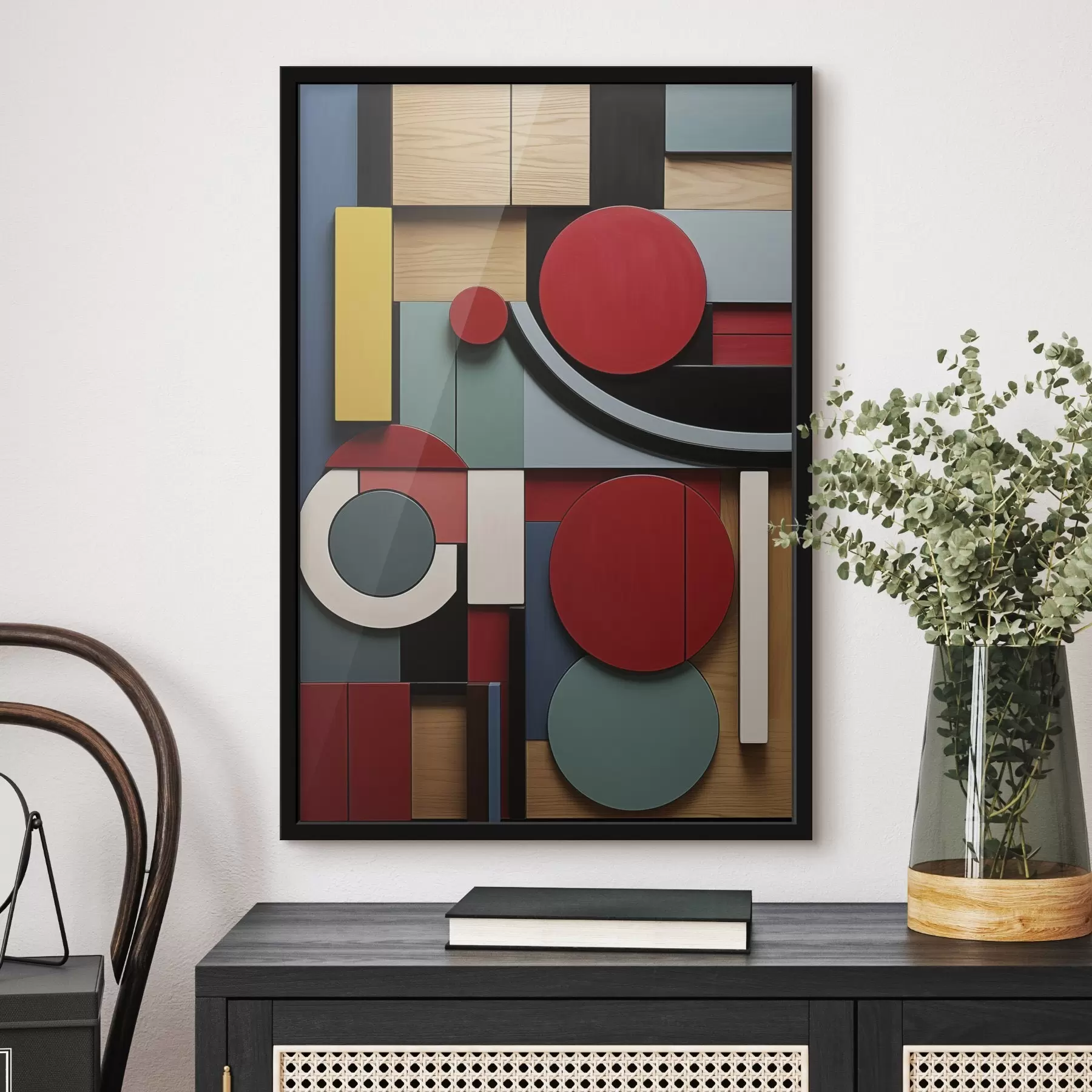 murales de pared Composición geométrica abstracta con imitación de textura de madera, rectángulos y círculos rojos, negros, blancos y verde azulado. f47876