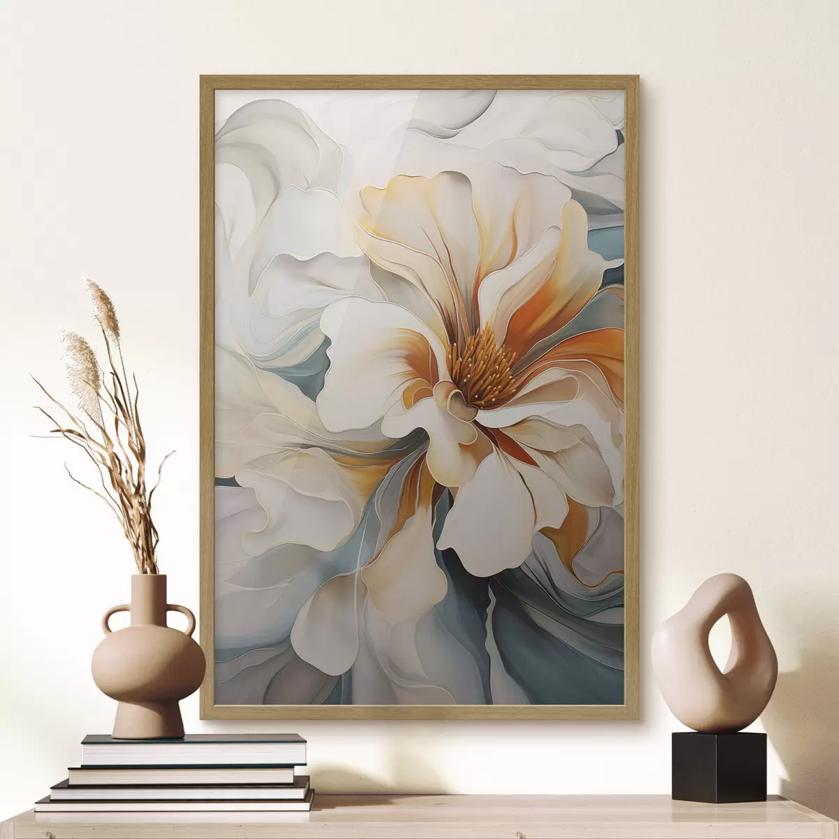 Poster Flor abstracta grande con pétalos blancos, naranjas y verde azulado, fondo texturizado. f47877
