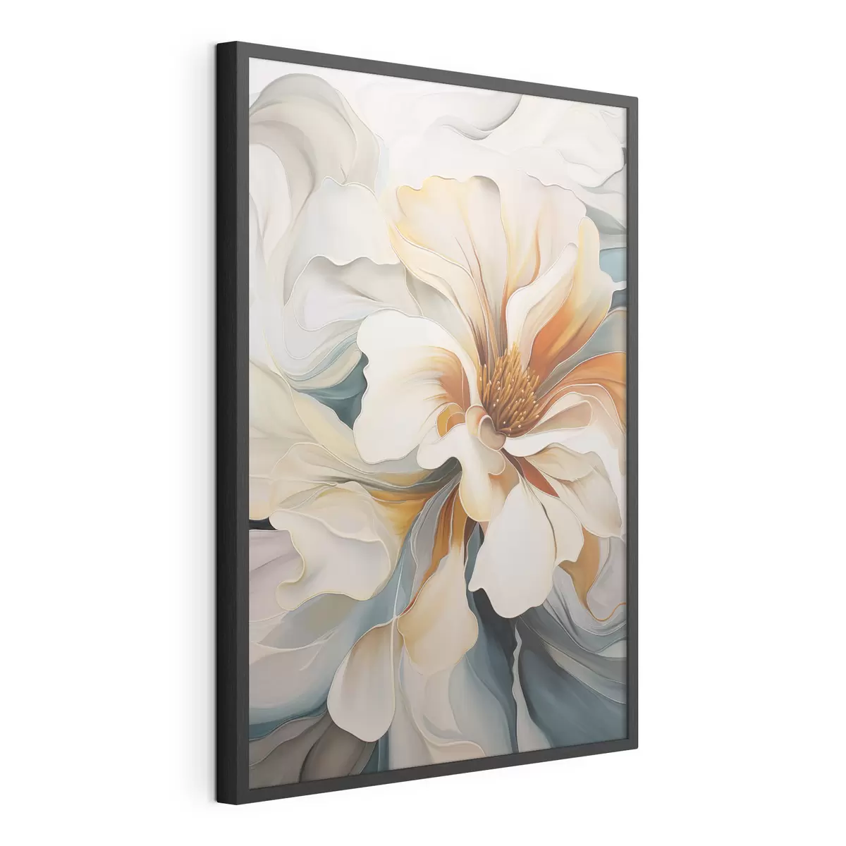 Poster Flor abstracta grande con pétalos blancos, naranjas y verde azulado, fondo texturizado. f47877