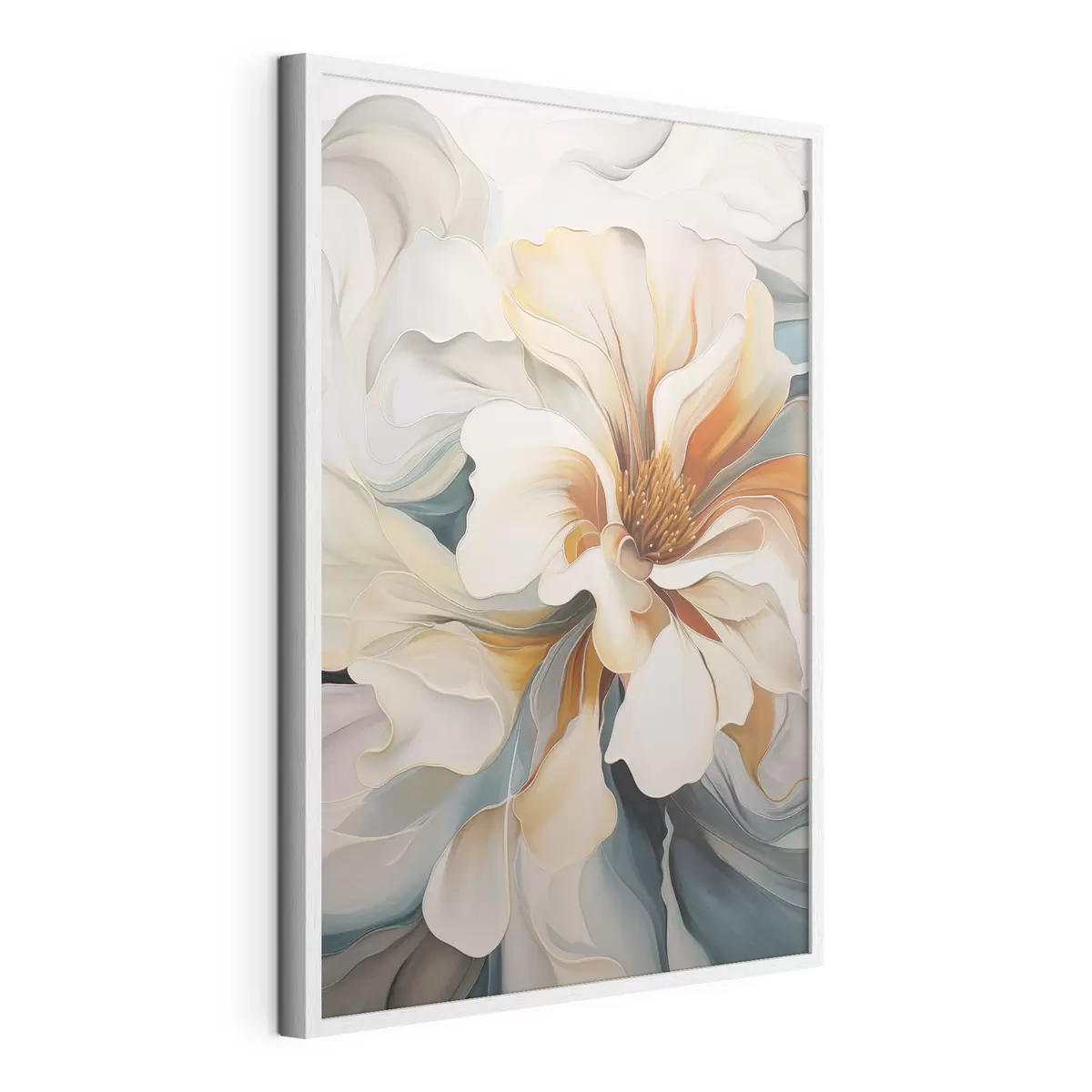 Poster Flor abstracta grande con pétalos blancos, naranjas y verde azulado, fondo texturizado. f47877