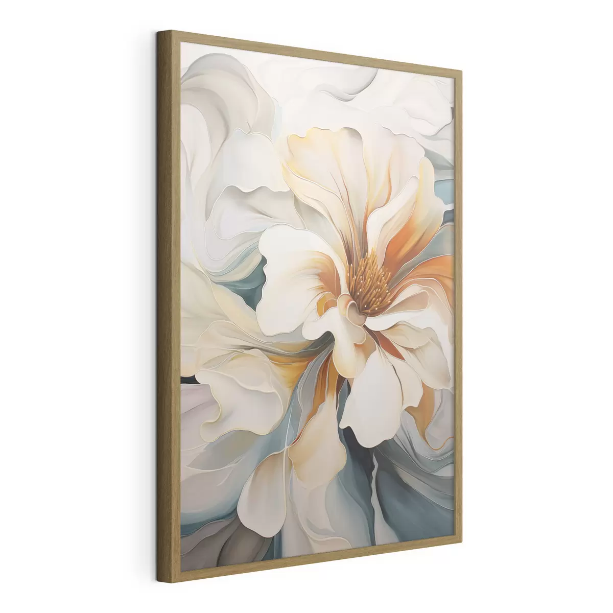 Poster Flor abstracta grande con pétalos blancos, naranjas y verde azulado, fondo texturizado. f47877