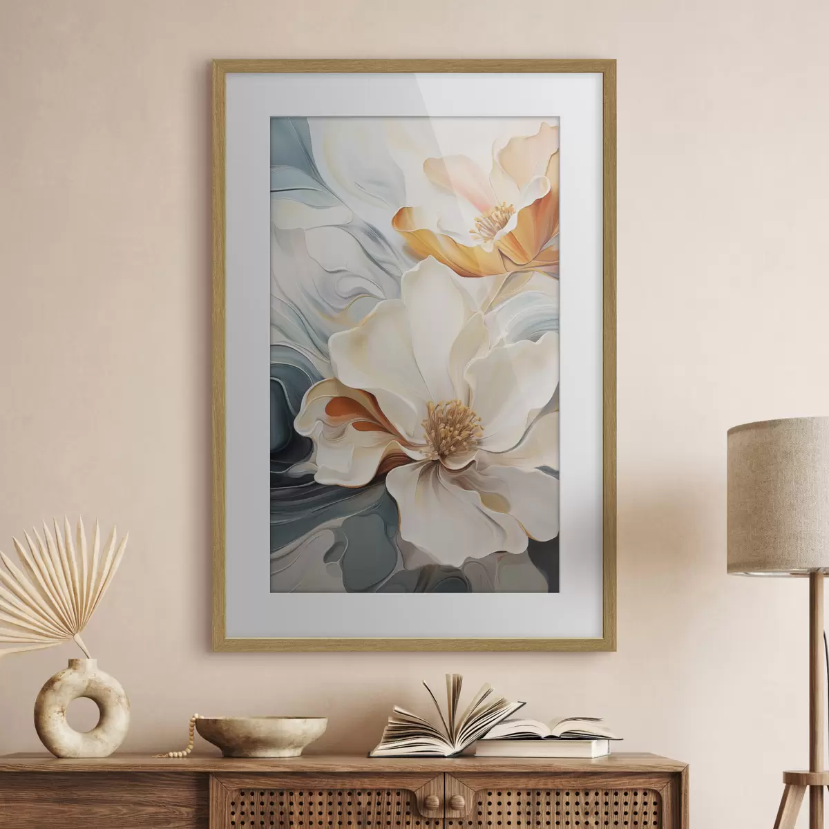 Poster Flor abstracta grande con pétalos blancos, naranjas y verde azulado, fondo texturizado. f47878