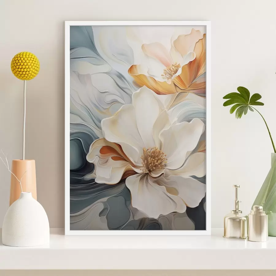 murales de pared Flor abstracta grande con pétalos blancos, naranjas y verde azulado, fondo texturizado. f47878