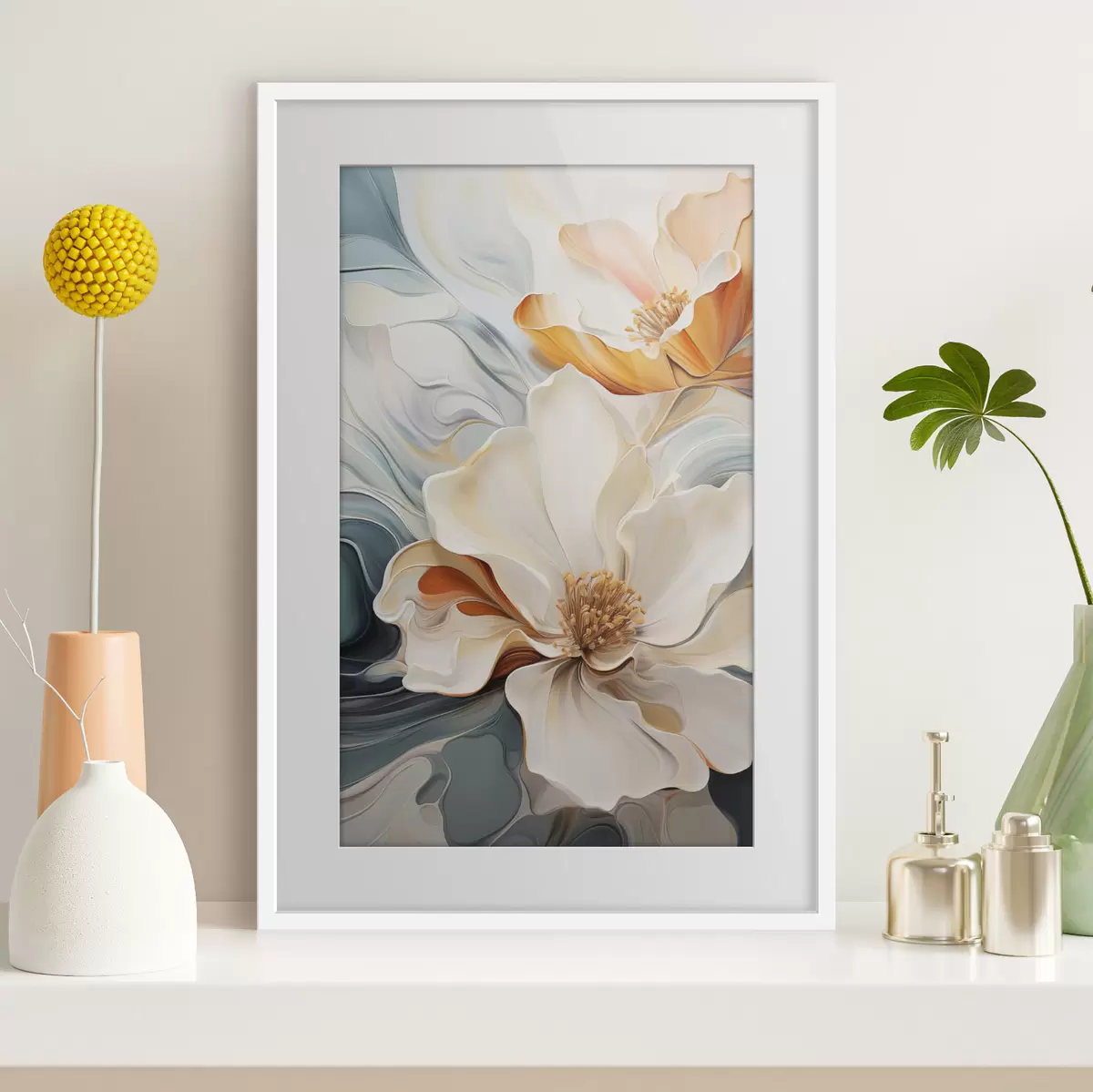 Poster Flor abstracta grande con pétalos blancos, naranjas y verde azulado, fondo texturizado. f47878