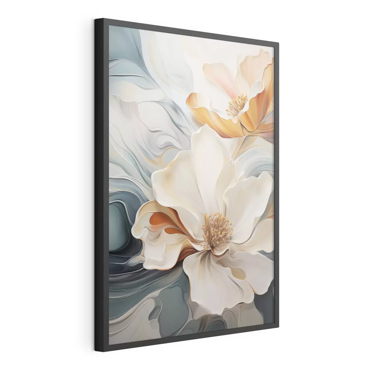 Poster Flor abstracta grande con pétalos blancos, naranjas y verde azulado, fondo texturizado. f47878