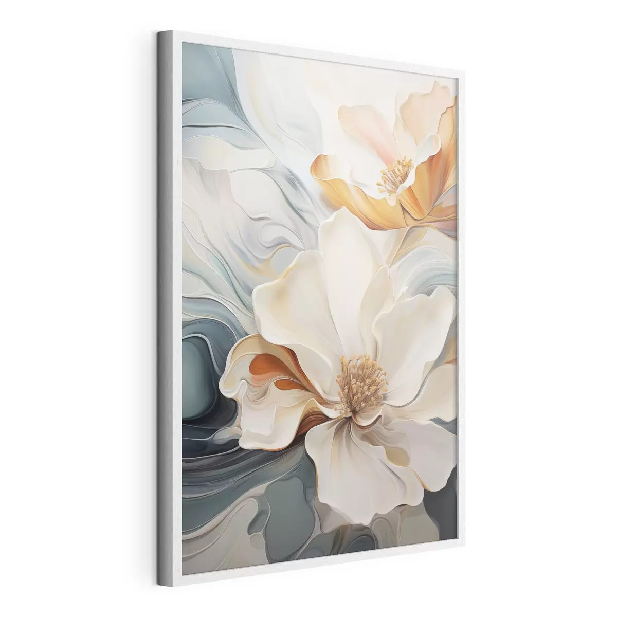 Poster Flor abstracta grande con pétalos blancos, naranjas y verde azulado, fondo texturizado. f47878