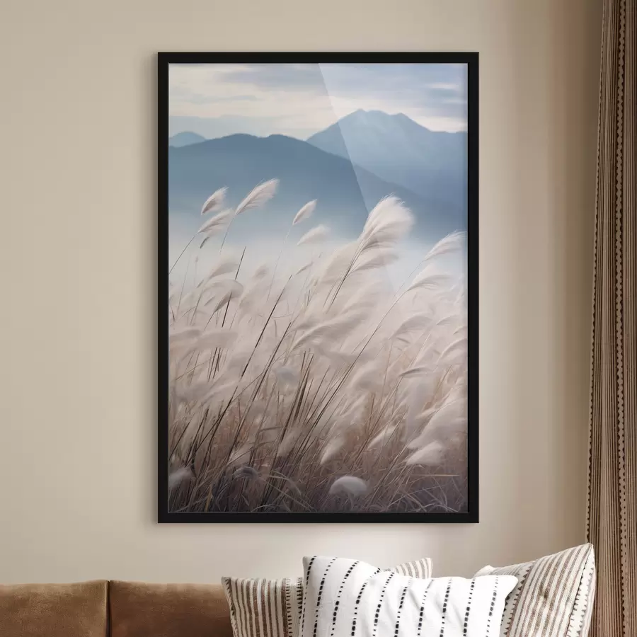 murales de pared Altas hierbas blancas de la pampa ondeando al viento con suaves montañas azules al fondo. f47879