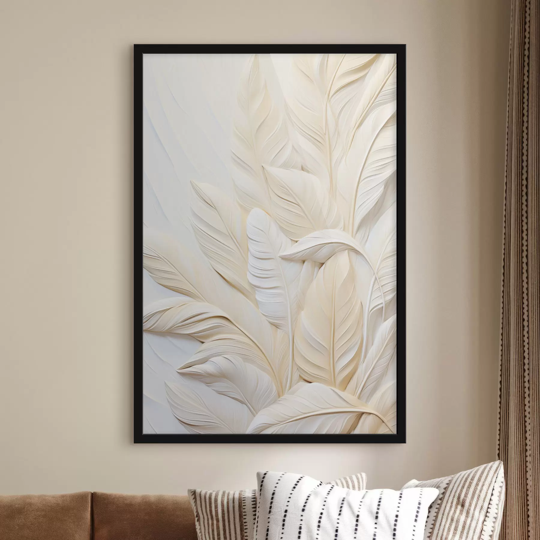 murales de pared Plumas de color crema superpuestas entre sí, con un fondo suave y claro. f47883