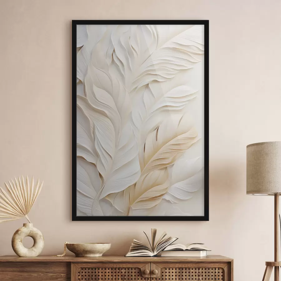 murales de pared Plumas de color crema superpuestas entre sí, con un fondo suave y claro. f47884