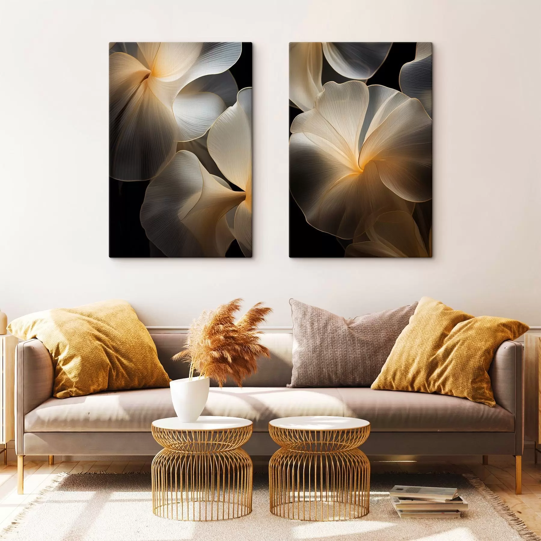 murales de pared Pétalos abstractos fluidos y translúcidos con líneas delicadas, sobre un fondo oscuro. m30050