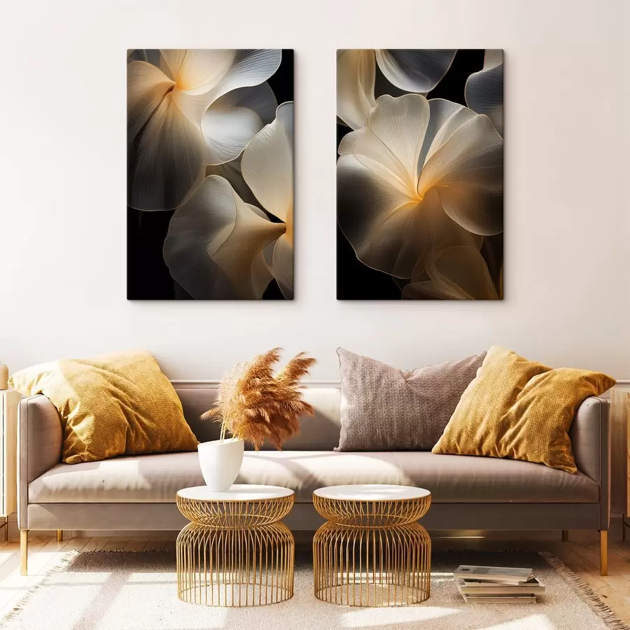 murales de pared Pétalos abstractos fluidos y translúcidos con líneas delicadas, sobre un fondo oscuro. m30050