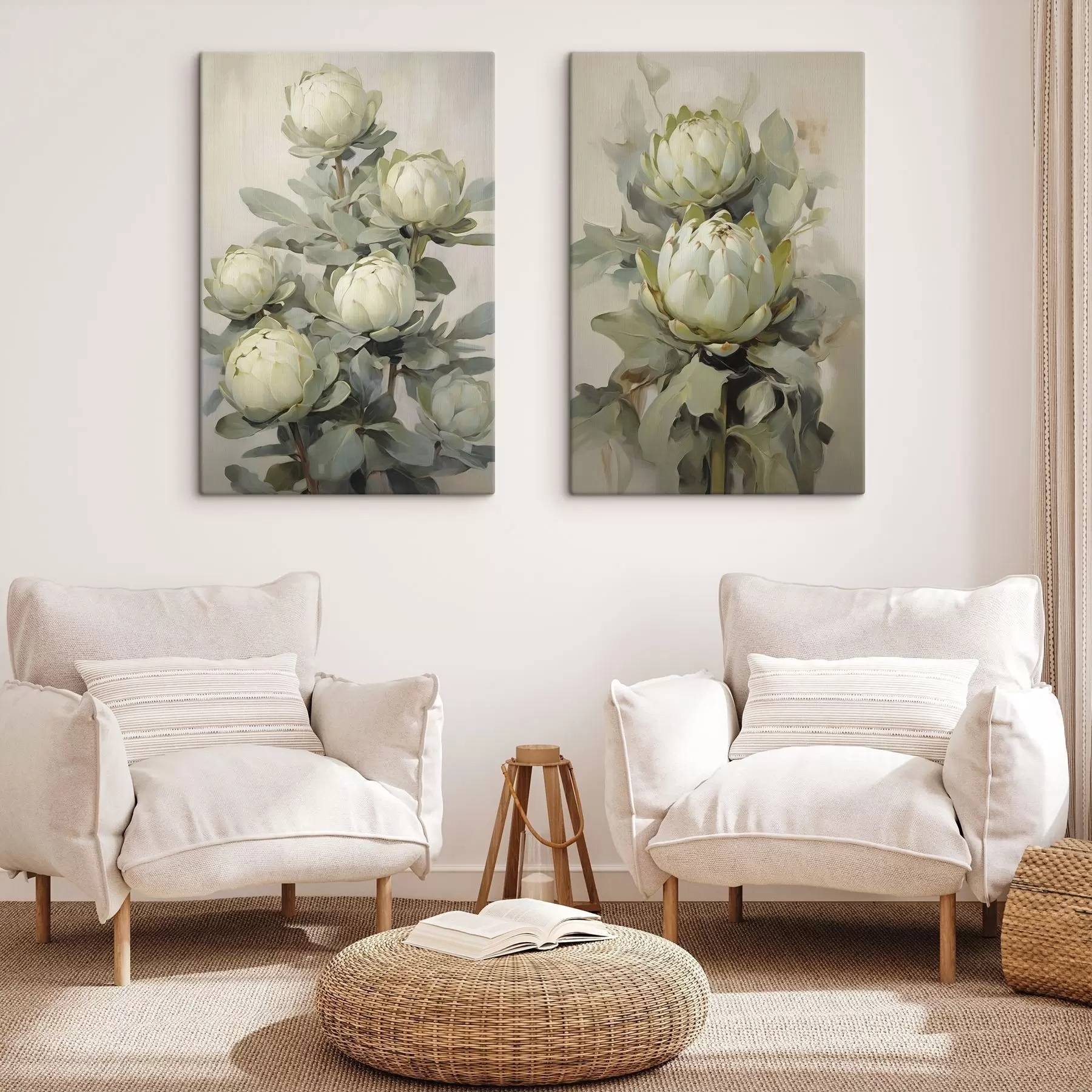 murales de pared Estilo pictórico de varias flores blancas de protea con grandes hojas verdes sobre un fondo claro. m30051