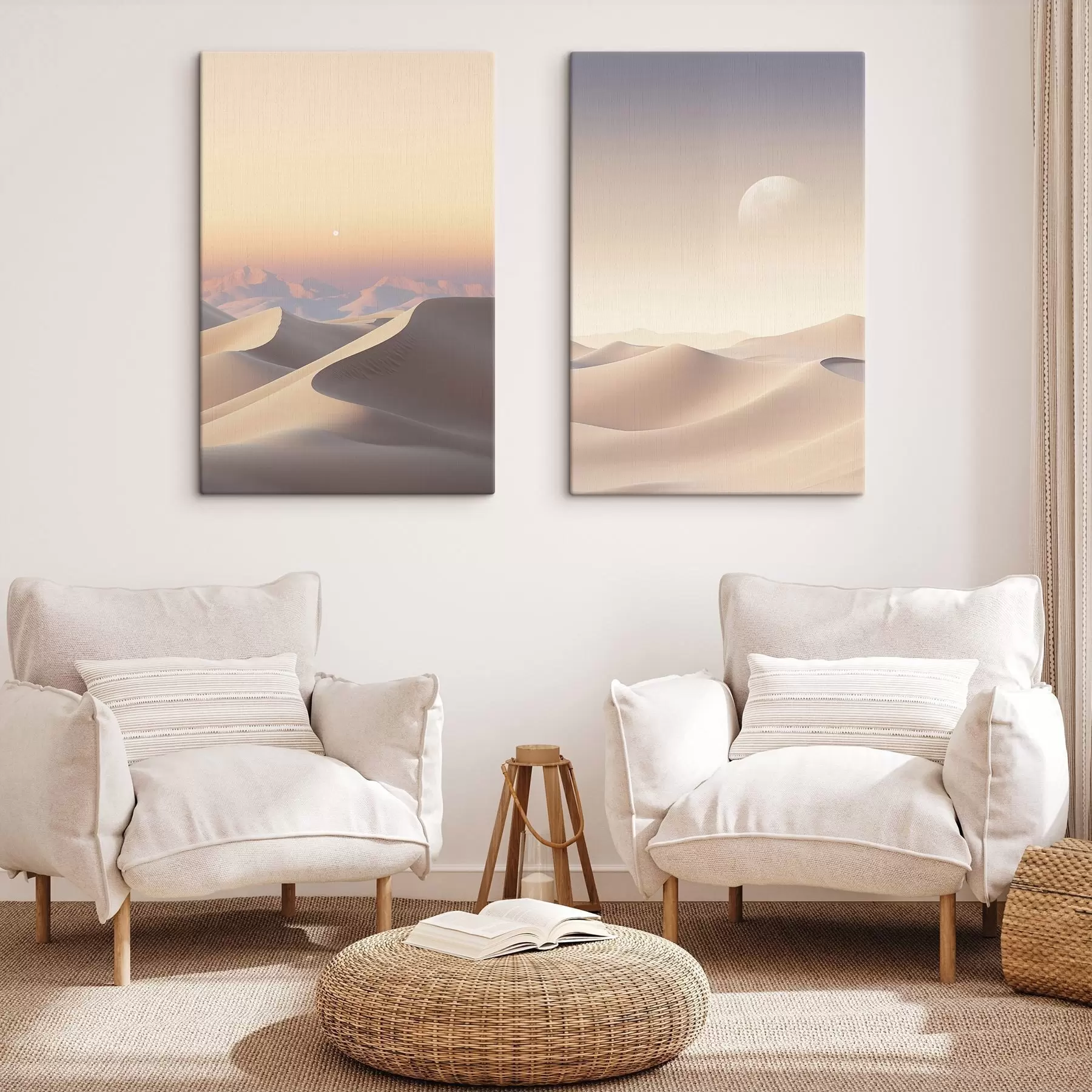 murales de pared Un paisaje desértico con dunas onduladas bajo un cielo de suaves tonos pastel, con montañas lejanas al fondo. m30053