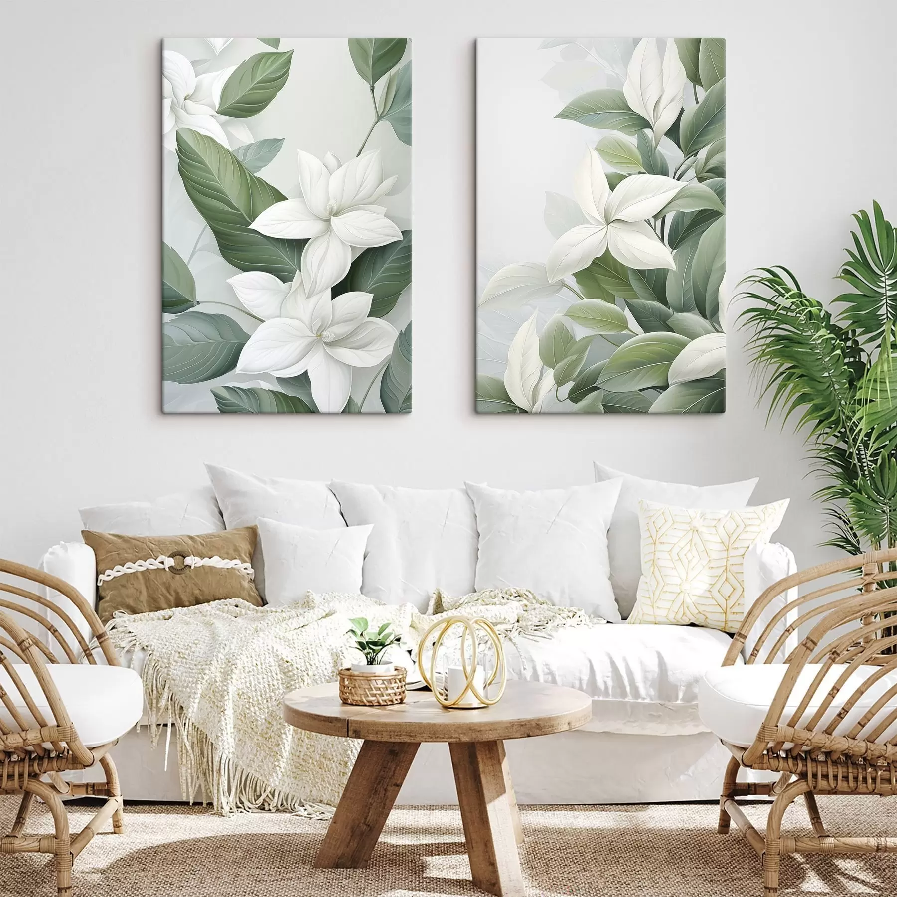 murales de pared Flores blancas con hojas verdes, fondo pastel m30055