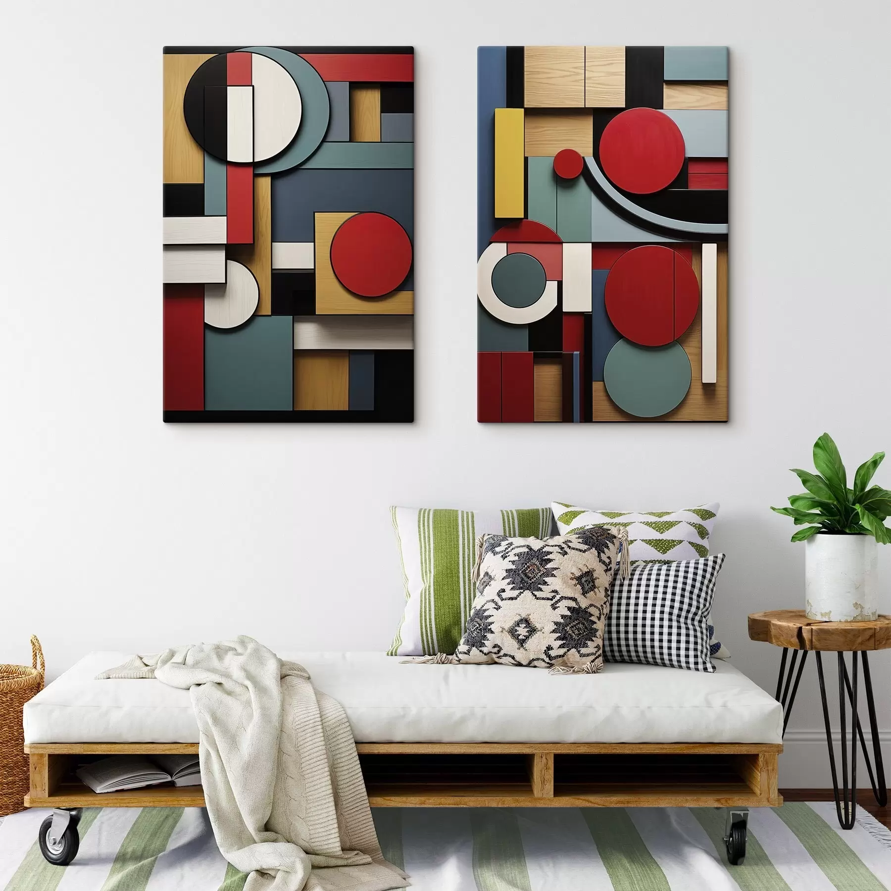 murales de pared Composición geométrica abstracta con imitación de textura de madera, rectángulos y círculos rojos, negros, blancos y verde azulado. m30058