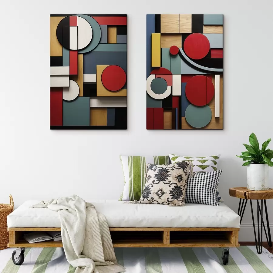 murales de pared Composición geométrica abstracta con imitación de textura de madera, rectángulos y círculos rojos, negros, blancos y verde azulado. m30058