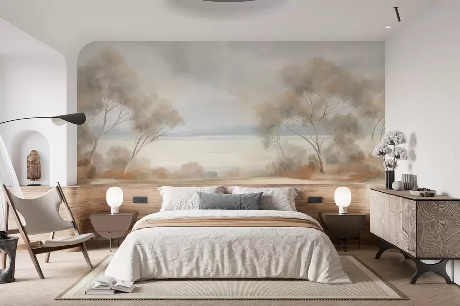 murales de pared Un estilo de pintura con textura paisajística con árboles bajo un cielo nublado. w09753