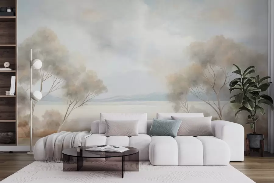 murales de pared Un estilo de pintura con textura paisajística con árboles bajo un cielo nublado. w09753