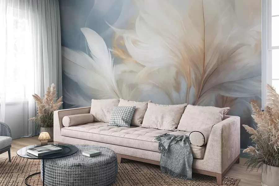 murales de pared Plumas blancas suaves y texturizadas y hierba de la pampa difuminada con fondo azul y blanco. w09758