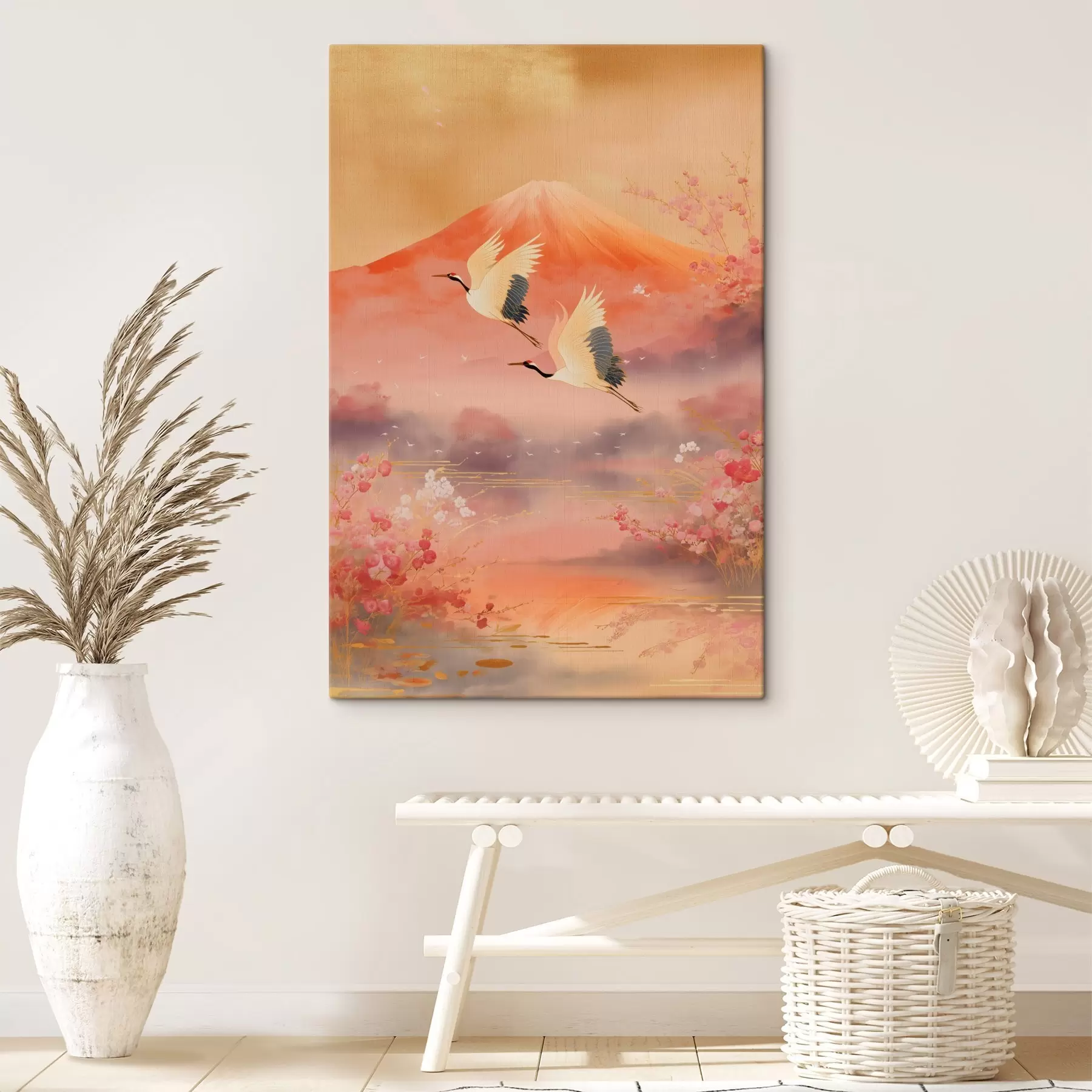 murales de pared Motivo tradicional oriental con flores de cerezo y grullas. s47991
