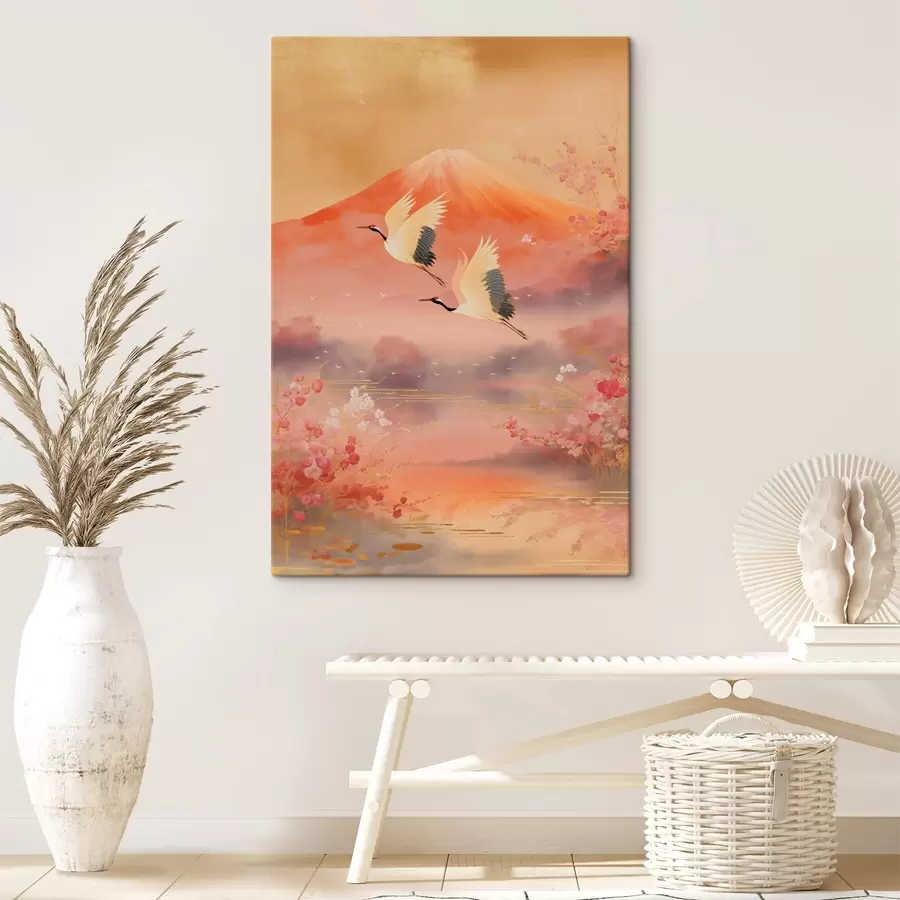 murales de pared Motivo tradicional oriental con flores de cerezo y grullas. s47991