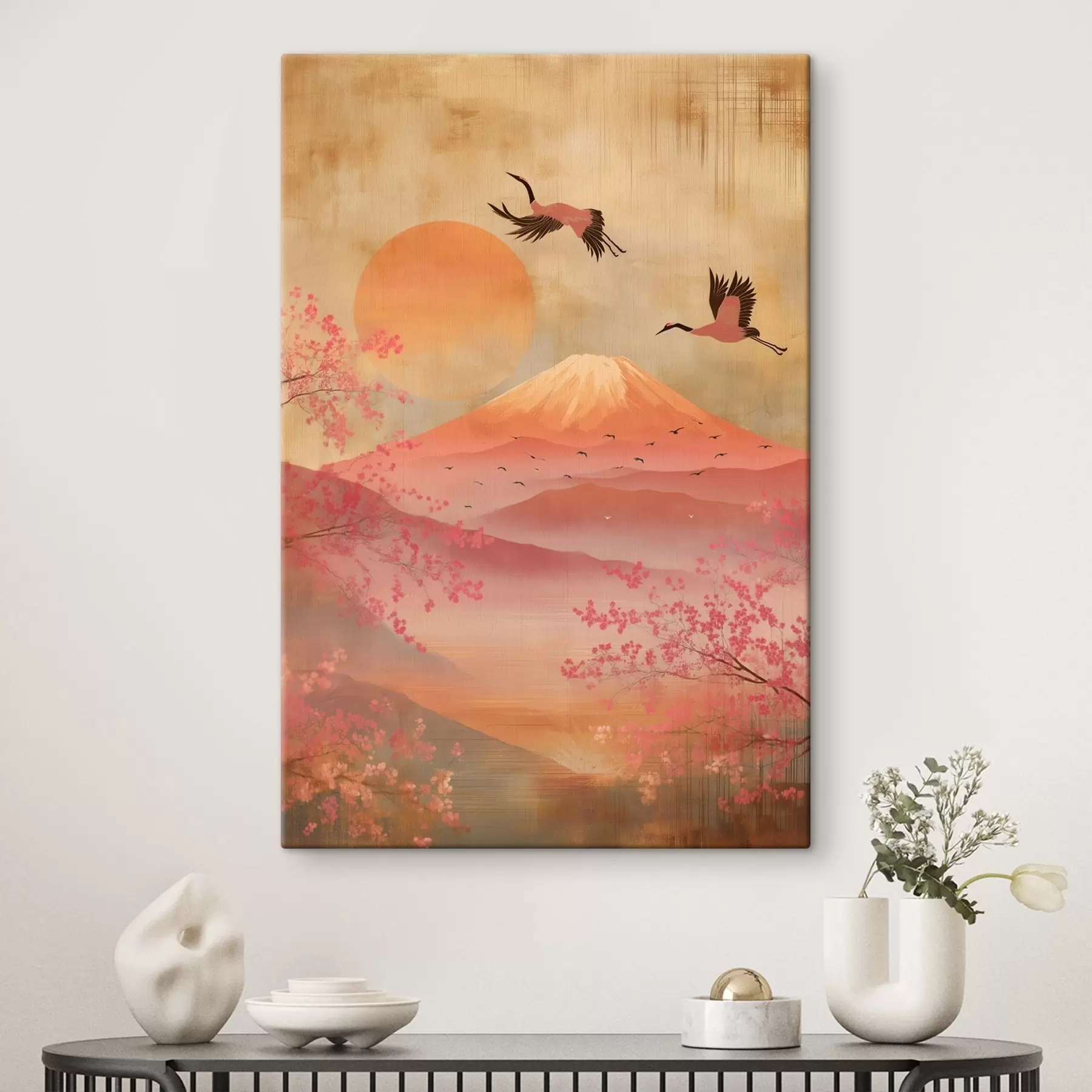 murales de pared Grúas contra el sol y las montañas: ilustración en estilo de arte digital. s47992