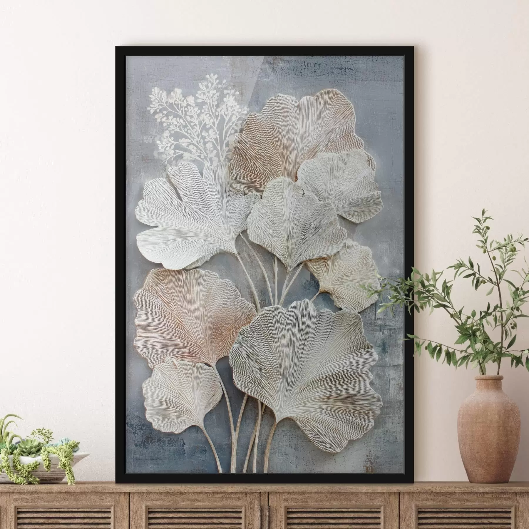 murales de pared Composición floral abstracta en una paleta de colores beige y azul. f47963