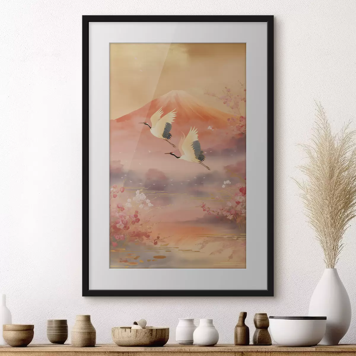 Poster Motivo tradicional oriental con flores de cerezo y grullas. f47991