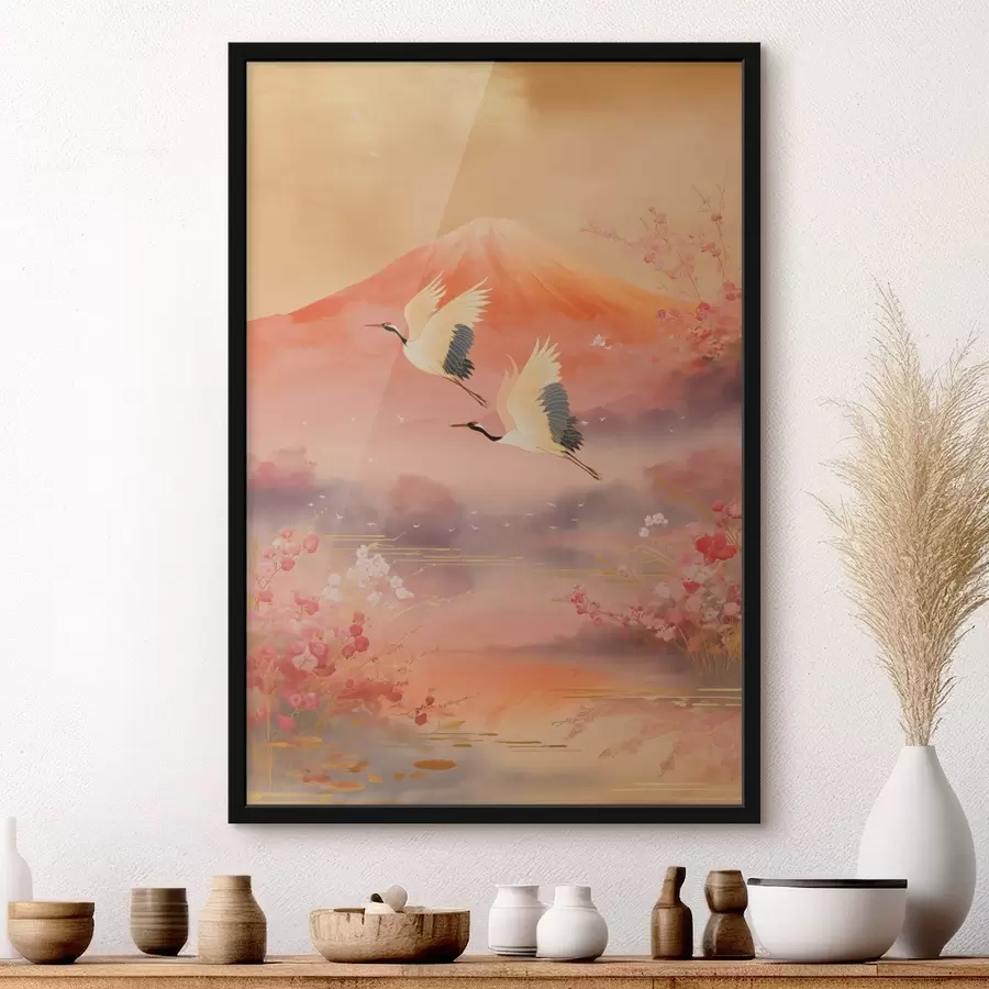 murales de pared Motivo tradicional oriental con flores de cerezo y grullas. f47991