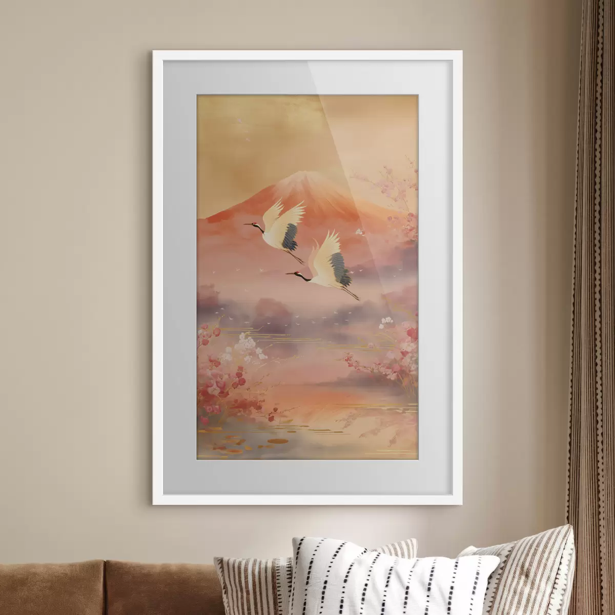 Poster Motivo tradicional oriental con flores de cerezo y grullas. f47991