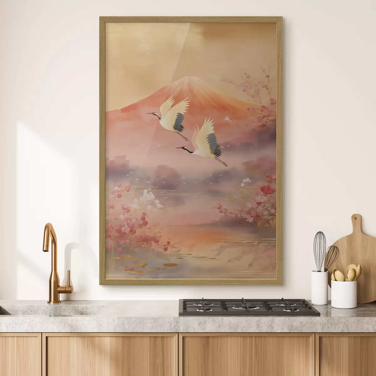 Poster Motivo tradicional oriental con flores de cerezo y grullas. f47991