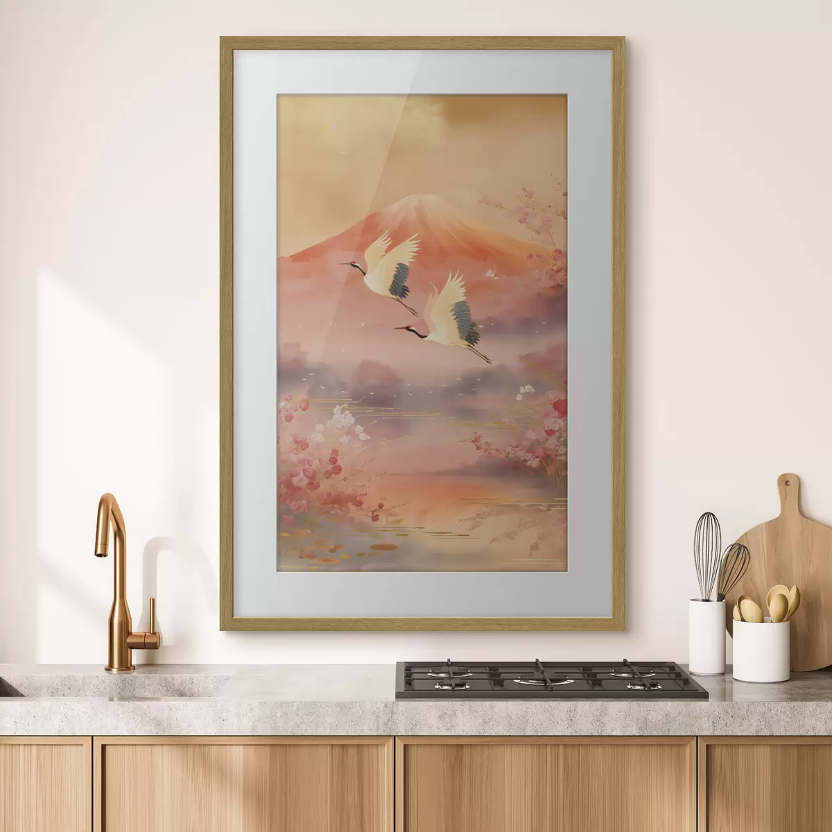 Poster Motivo tradicional oriental con flores de cerezo y grullas. f47991