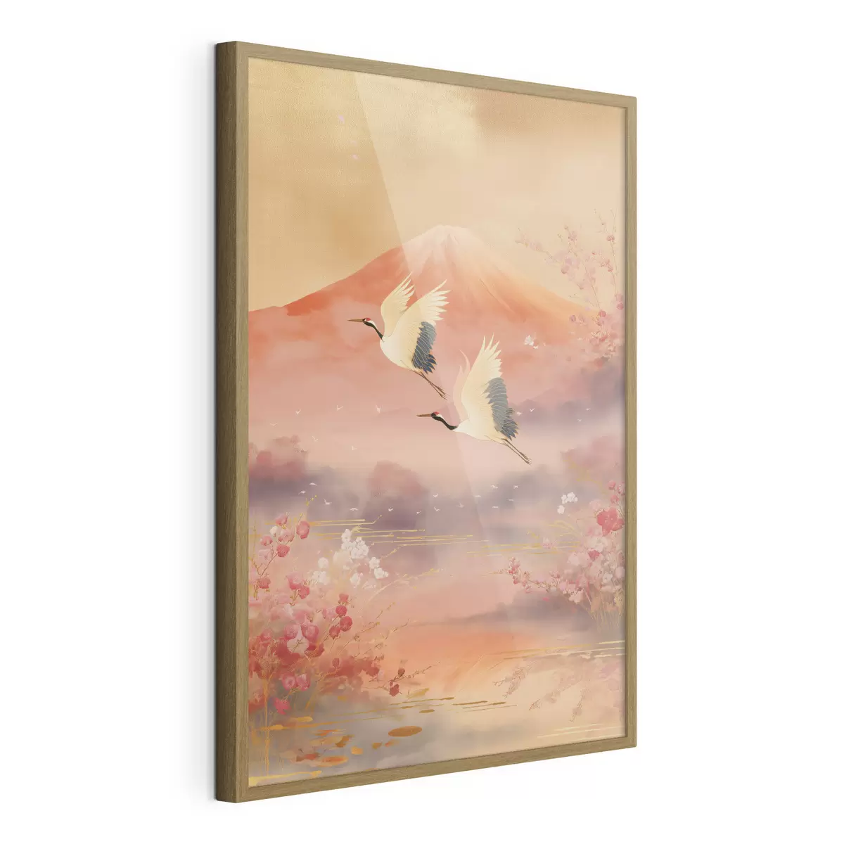 Poster Motivo tradicional oriental con flores de cerezo y grullas. f47991