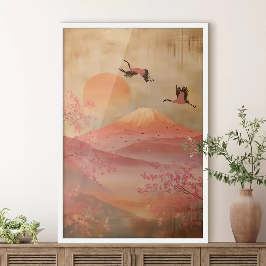 murales de pared Grúas contra el sol y las montañas: ilustración en estilo de arte digital. f47992